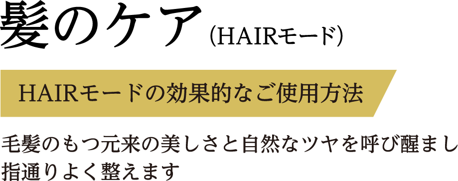 髪のケア(HAIRモード) HAIRモードの効果的なご使用方法 毛髪のもつ元来の美しさと自然なツヤを呼び醒まし指通りよく整えます