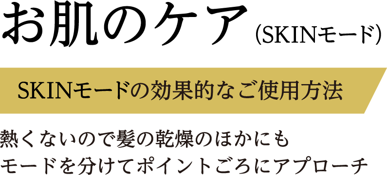 お肌のケア(SKINモード) SKINモードの効果的なご使用方法 熱くないので髪の乾燥のほかにもモードを分けてポイントごろにアプローチ